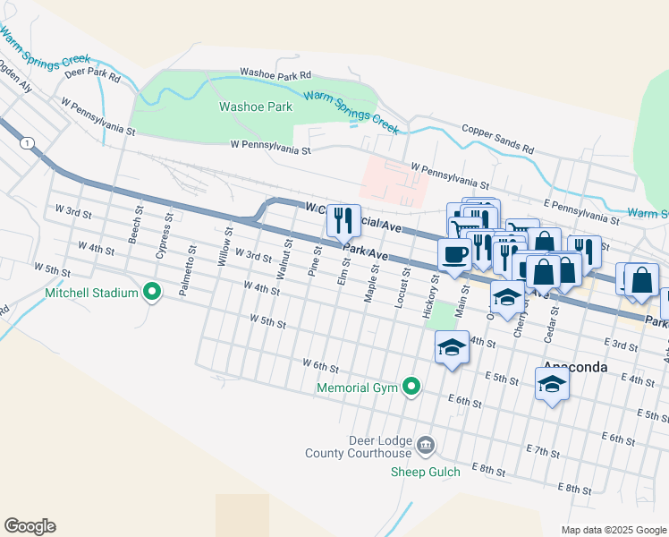 map of restaurants, bars, coffee shops, grocery stores, and more near 506 West 3rd Street in Anaconda