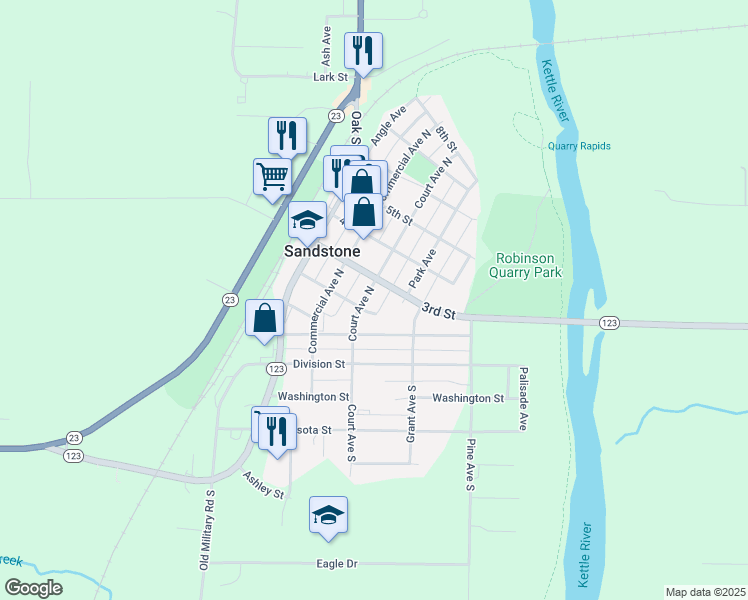 map of restaurants, bars, coffee shops, grocery stores, and more near 210 Court Avenue South in Sandstone