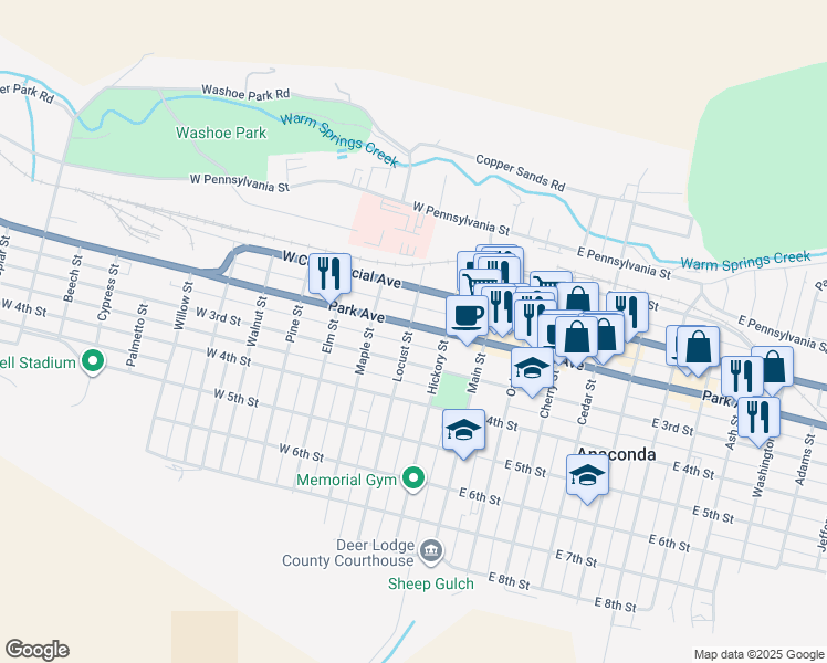 map of restaurants, bars, coffee shops, grocery stores, and more near 202 Locust Street in Anaconda