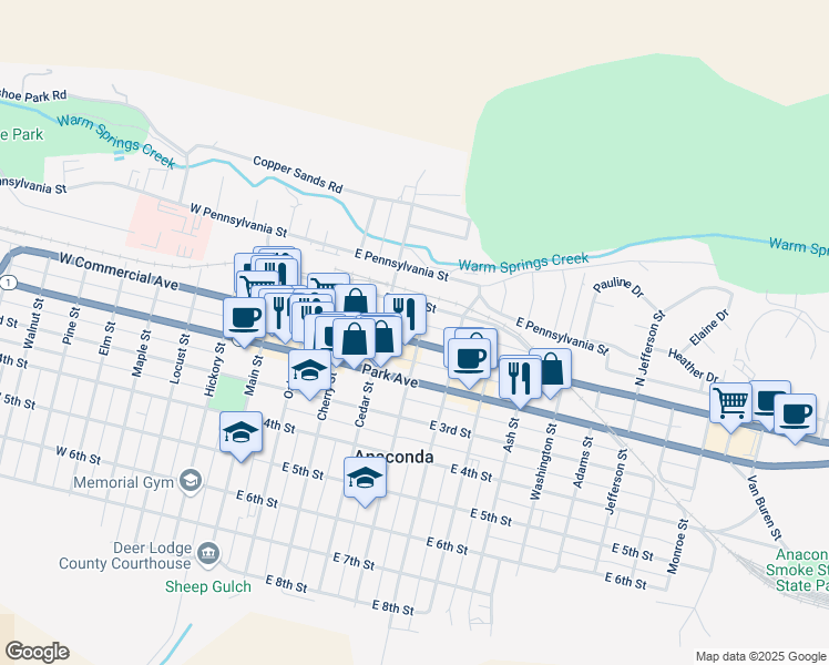 map of restaurants, bars, coffee shops, grocery stores, and more near 50 Chestnut Street in Anaconda