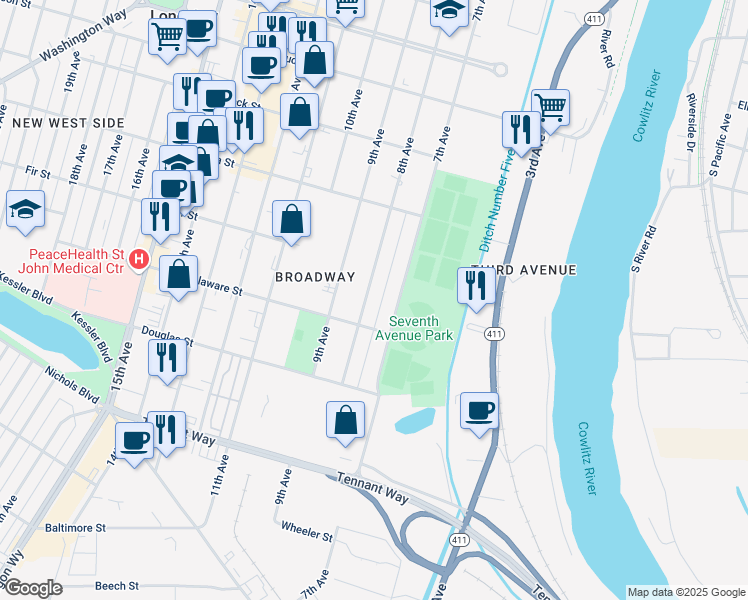 map of restaurants, bars, coffee shops, grocery stores, and more near 917 7th Avenue in Longview