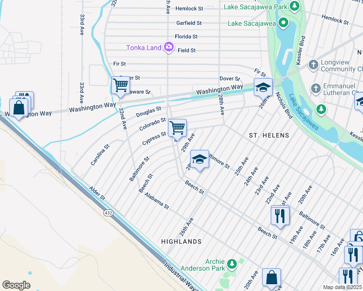 map of restaurants, bars, coffee shops, grocery stores, and more near 216 30th Avenue in Longview