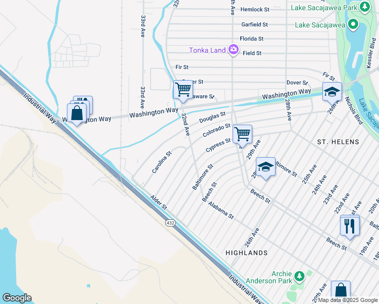 map of restaurants, bars, coffee shops, grocery stores, and more near 553 32nd Avenue in Longview