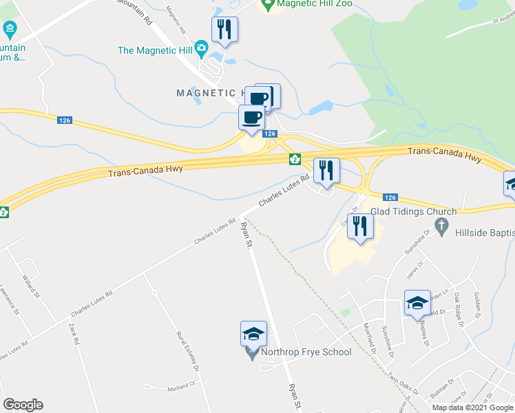 map of restaurants, bars, coffee shops, grocery stores, and more near 100 Charles Lutes Road in Moncton
