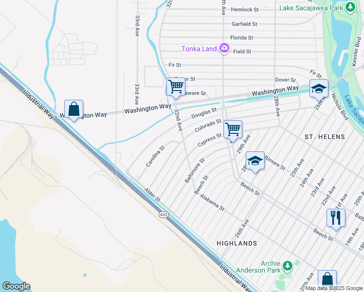 map of restaurants, bars, coffee shops, grocery stores, and more near 551 32nd Avenue in Longview