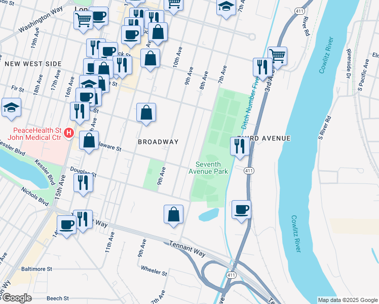 map of restaurants, bars, coffee shops, grocery stores, and more near 917 7th Avenue in Longview