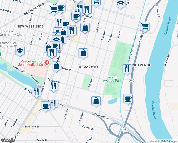 map of restaurants, bars, coffee shops, grocery stores, and more near 926 Delaware Street in Longview