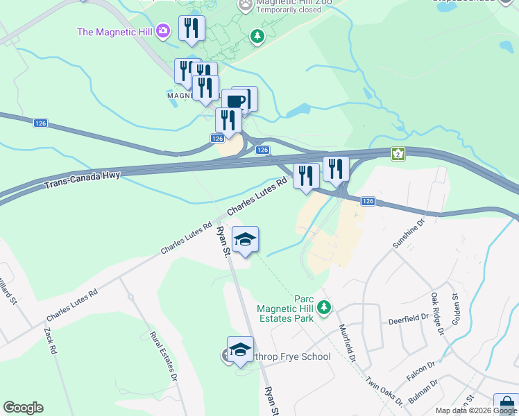 map of restaurants, bars, coffee shops, grocery stores, and more near 100 Charles Lutes Road in Moncton