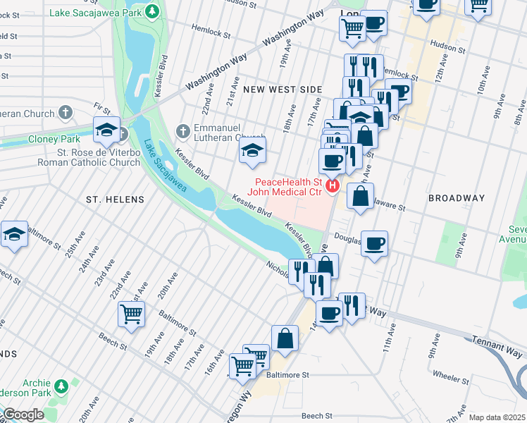 map of restaurants, bars, coffee shops, grocery stores, and more near 18th Avenue in Longview