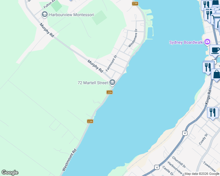 map of restaurants, bars, coffee shops, grocery stores, and more near 373 Nova Scotia 239 in Sydney