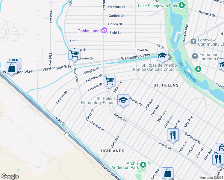 map of restaurants, bars, coffee shops, grocery stores, and more near 236 30th Avenue in Longview