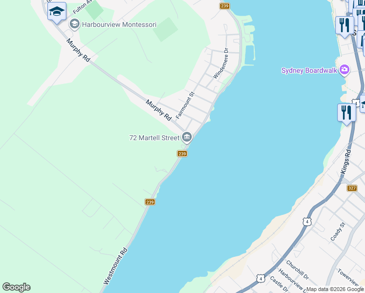 map of restaurants, bars, coffee shops, grocery stores, and more near 373 Nova Scotia 239 in Sydney