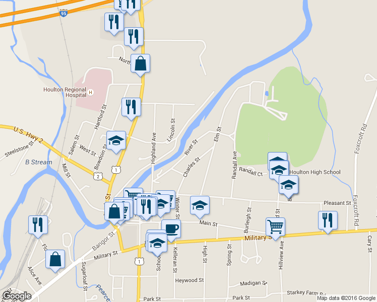 map of restaurants, bars, coffee shops, grocery stores, and more near 27 River Street in Houlton
