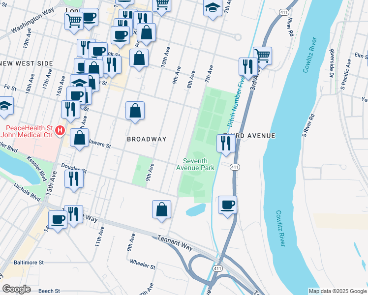 map of restaurants, bars, coffee shops, grocery stores, and more near 917 7th Avenue in Longview