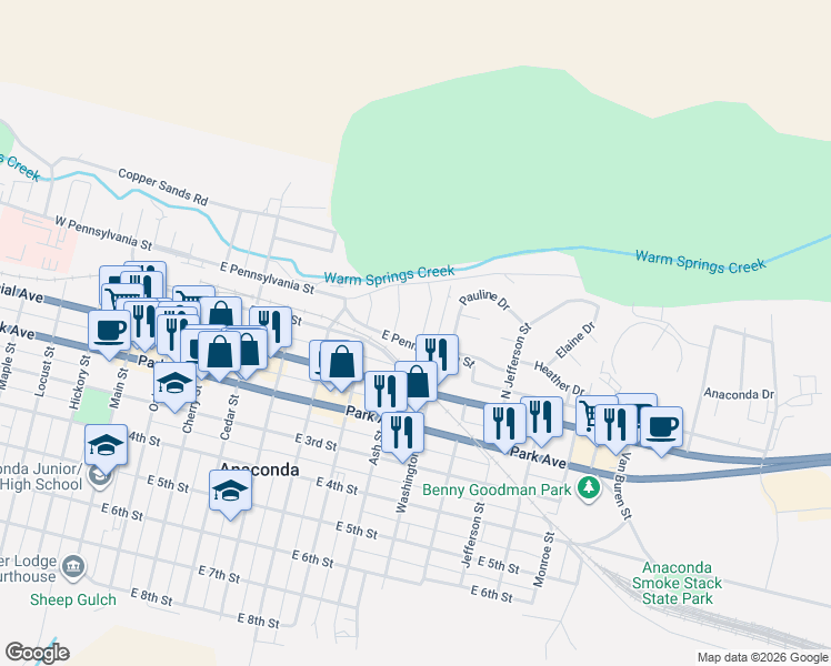 map of restaurants, bars, coffee shops, grocery stores, and more near 600-698 East Pennsylvania Street in Anaconda