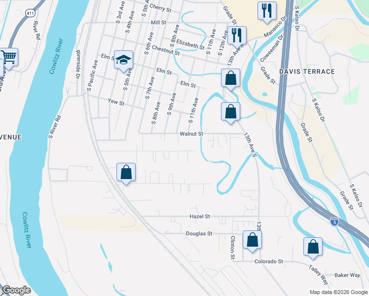 map of restaurants, bars, coffee shops, grocery stores, and more near 1015 Willow Street in Kelso