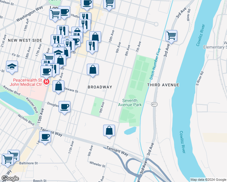 map of restaurants, bars, coffee shops, grocery stores, and more near 917 8th Avenue in Longview