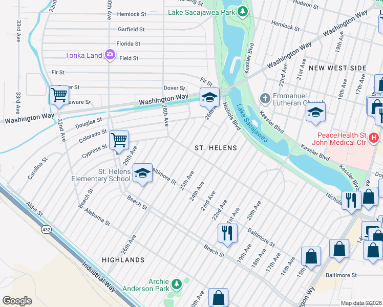 map of restaurants, bars, coffee shops, grocery stores, and more near 567 25th Avenue in Longview
