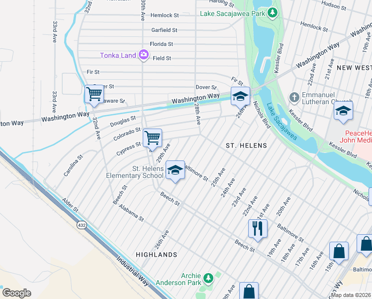 map of restaurants, bars, coffee shops, grocery stores, and more near 536 28th Avenue in Longview