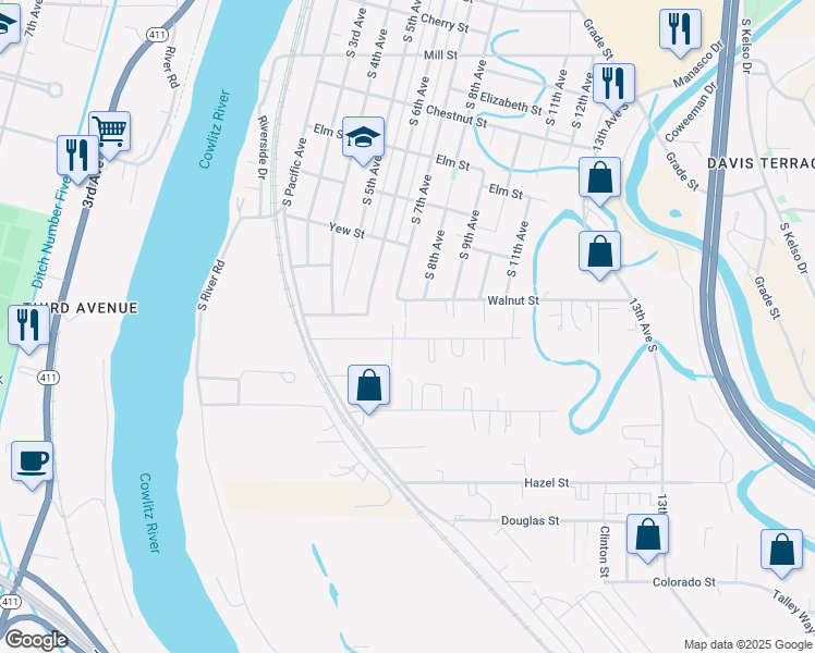 map of restaurants, bars, coffee shops, grocery stores, and more near 710 Willow Street in Kelso