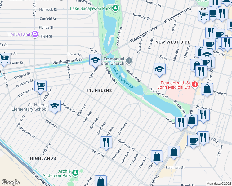 map of restaurants, bars, coffee shops, grocery stores, and more near 640 22nd Avenue in Longview