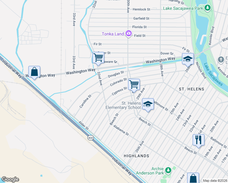 map of restaurants, bars, coffee shops, grocery stores, and more near 337 Cypress Street in Longview