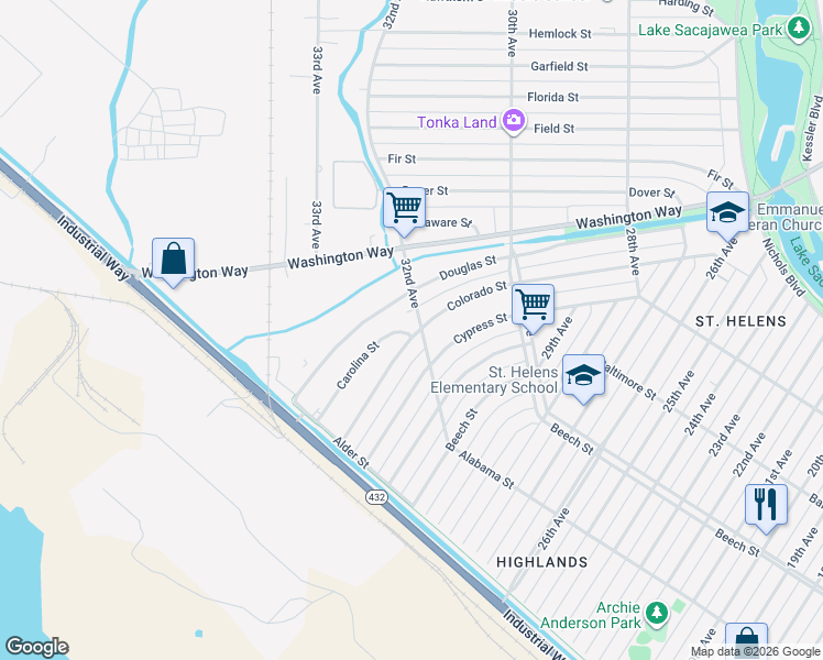 map of restaurants, bars, coffee shops, grocery stores, and more near 504 32nd Avenue in Longview