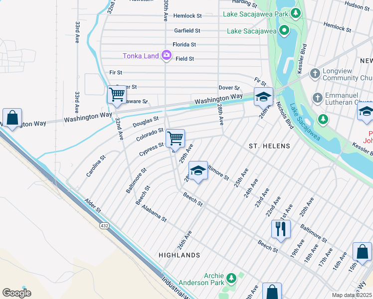 map of restaurants, bars, coffee shops, grocery stores, and more near 216 30th Avenue in Longview