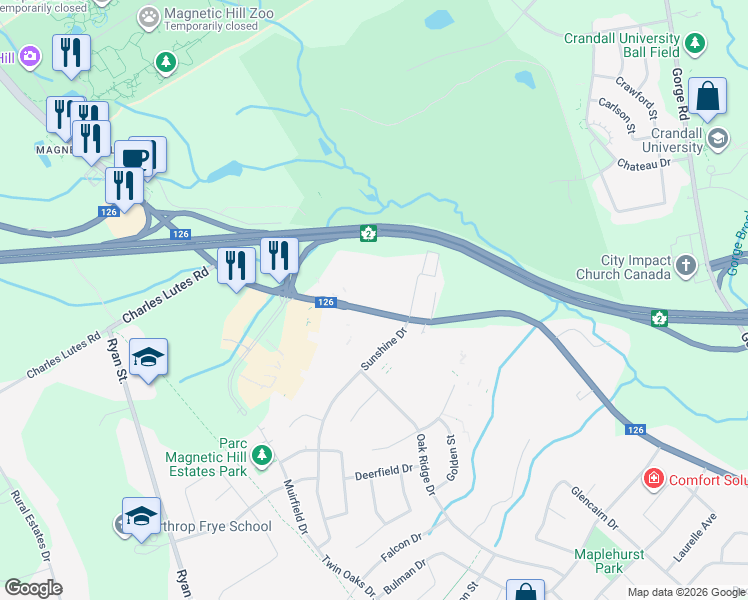 map of restaurants, bars, coffee shops, grocery stores, and more near 2505 Mountain Road in Moncton