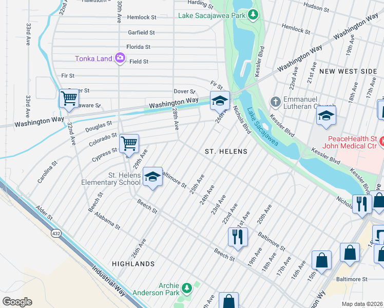map of restaurants, bars, coffee shops, grocery stores, and more near 571 26th Avenue in Longview