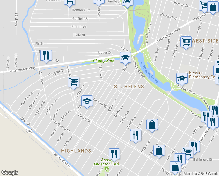 map of restaurants, bars, coffee shops, grocery stores, and more near 571 26th Avenue in Longview