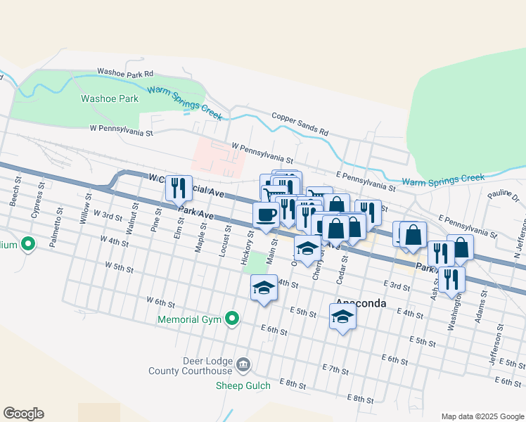 map of restaurants, bars, coffee shops, grocery stores, and more near 125 West Commercial Avenue in Anaconda