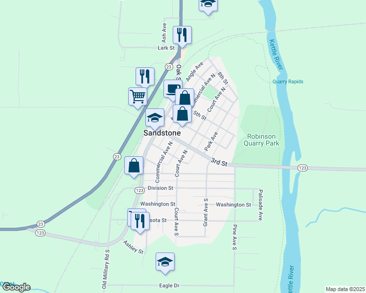 map of restaurants, bars, coffee shops, grocery stores, and more near 210 Court Avenue South in Sandstone