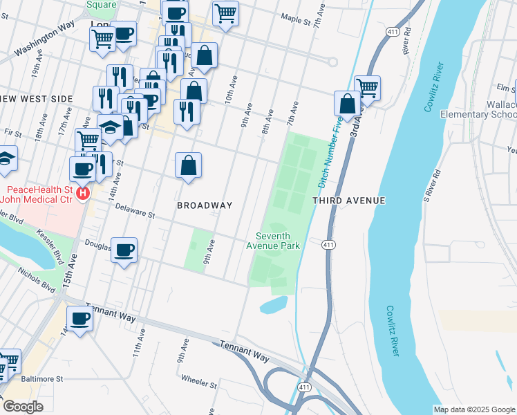 map of restaurants, bars, coffee shops, grocery stores, and more near 1010 8th Avenue in Longview