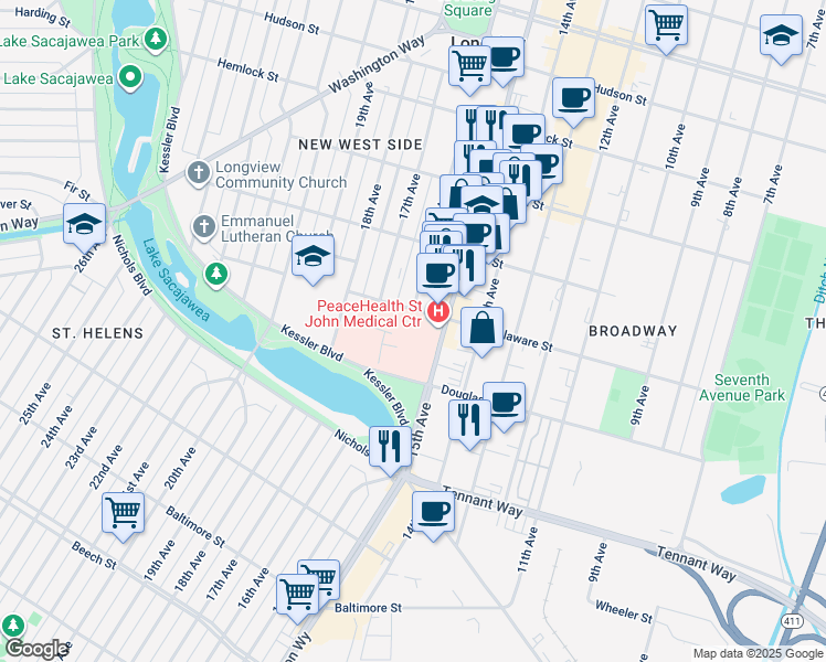 map of restaurants, bars, coffee shops, grocery stores, and more near 1615 Delaware Street in Longview