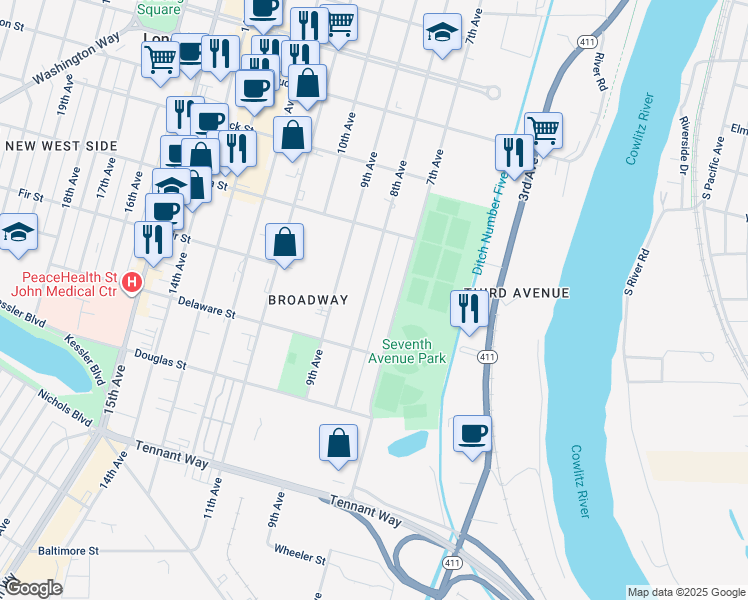map of restaurants, bars, coffee shops, grocery stores, and more near 1010 8th Avenue in Longview