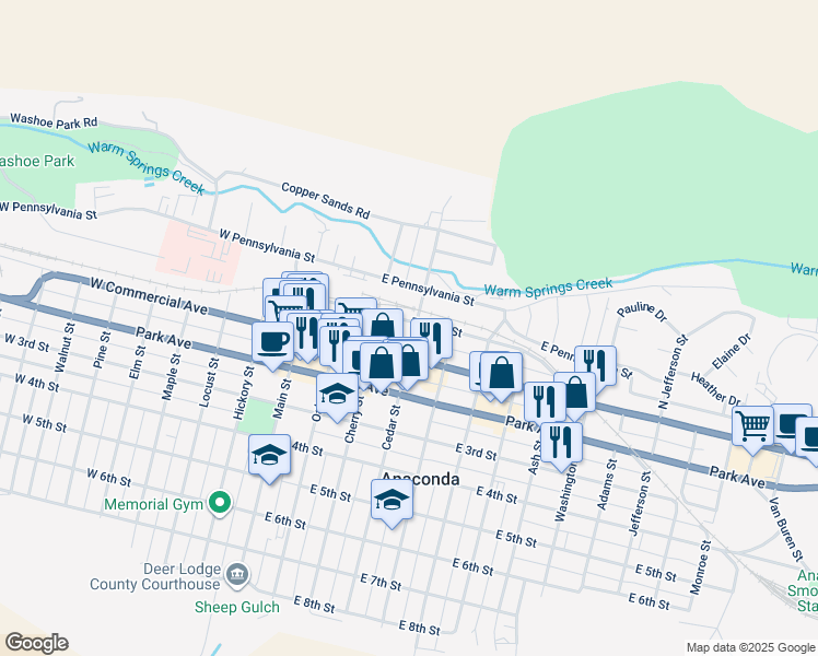 map of restaurants, bars, coffee shops, grocery stores, and more near 325 East Front Street in Anaconda
