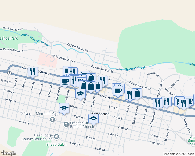 map of restaurants, bars, coffee shops, grocery stores, and more near 325 East Front Street in Anaconda