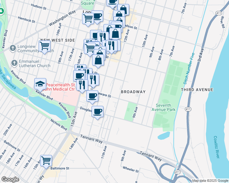 map of restaurants, bars, coffee shops, grocery stores, and more near 961 12th Avenue in Longview