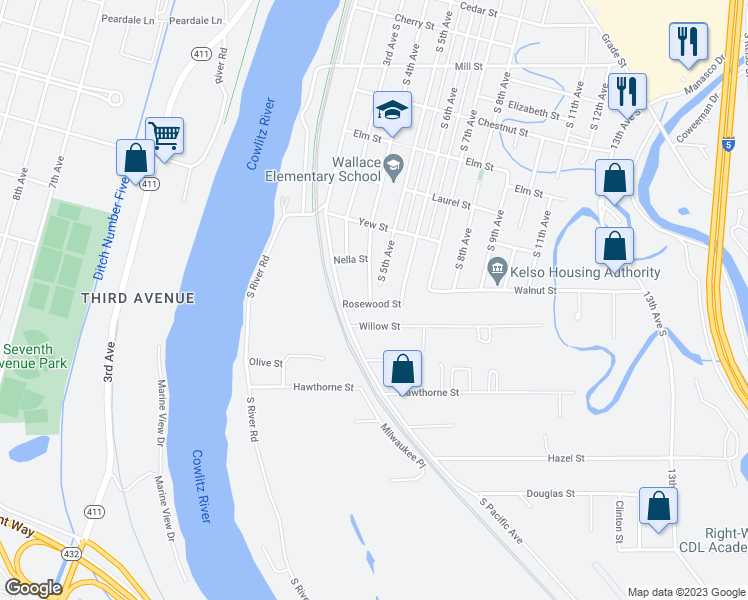 map of restaurants, bars, coffee shops, grocery stores, and more near 1502 South 4th Avenue in Kelso
