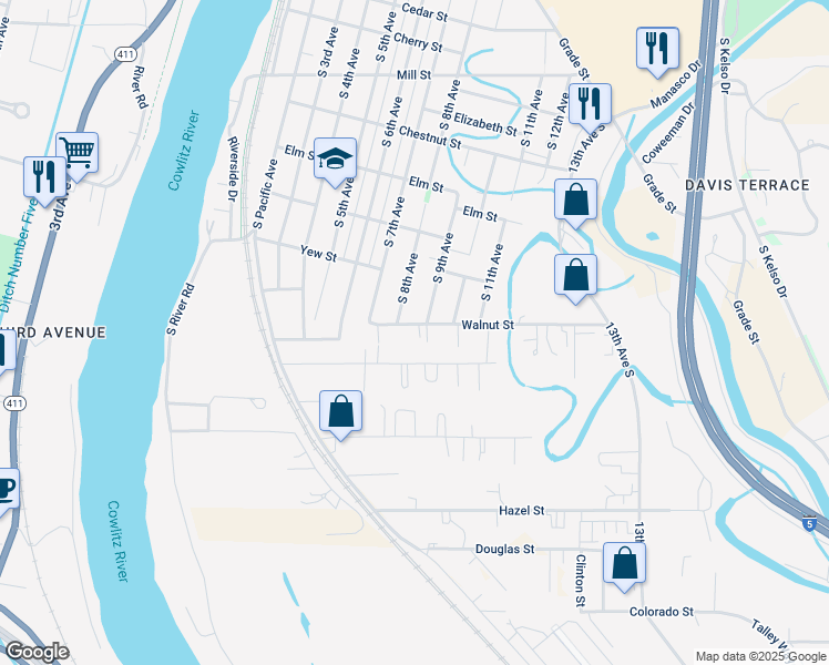 map of restaurants, bars, coffee shops, grocery stores, and more near 806 Walnut Street in Kelso