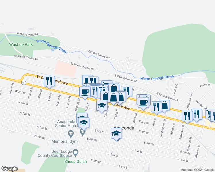 map of restaurants, bars, coffee shops, grocery stores, and more near 213 E Front St in Anaconda