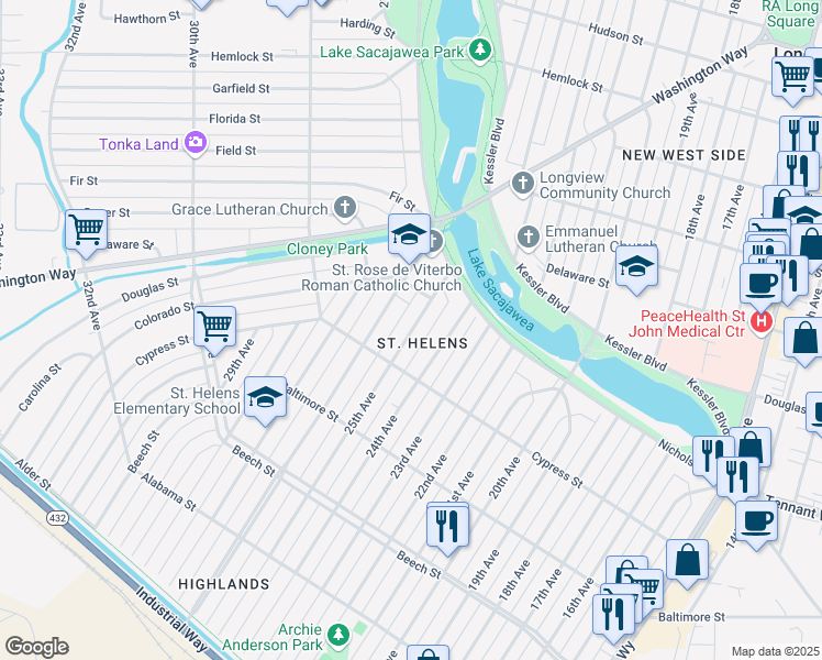 map of restaurants, bars, coffee shops, grocery stores, and more near 657 25th Avenue in Longview