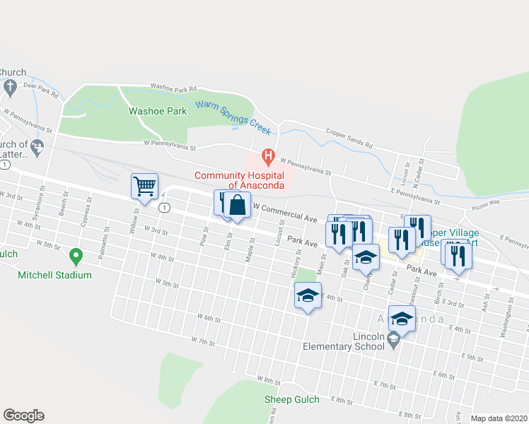 map of restaurants, bars, coffee shops, grocery stores, and more near 323 West Commercial Avenue in Anaconda
