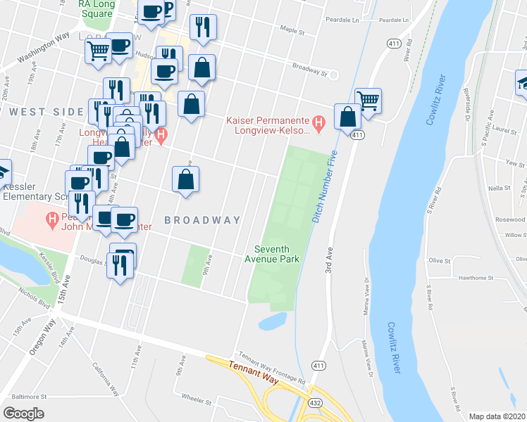 map of restaurants, bars, coffee shops, grocery stores, and more near 1011 7th Avenue in Longview