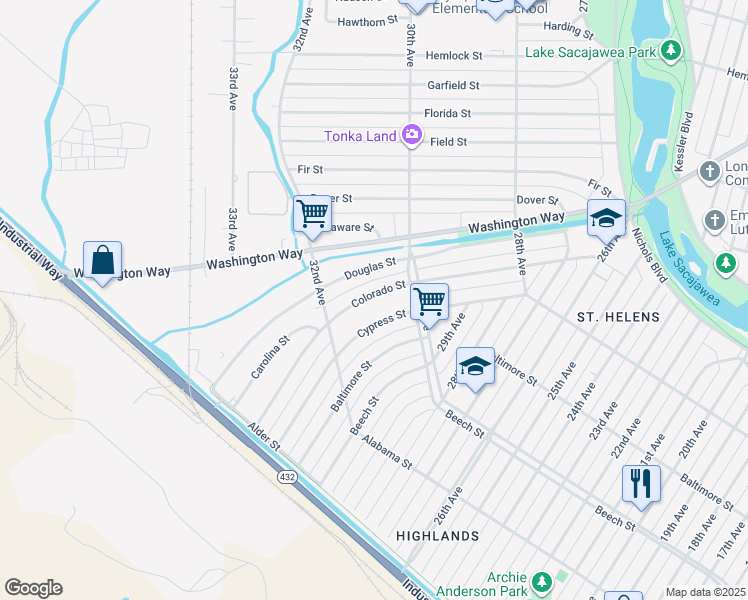 map of restaurants, bars, coffee shops, grocery stores, and more near 348 Colorado Street in Longview