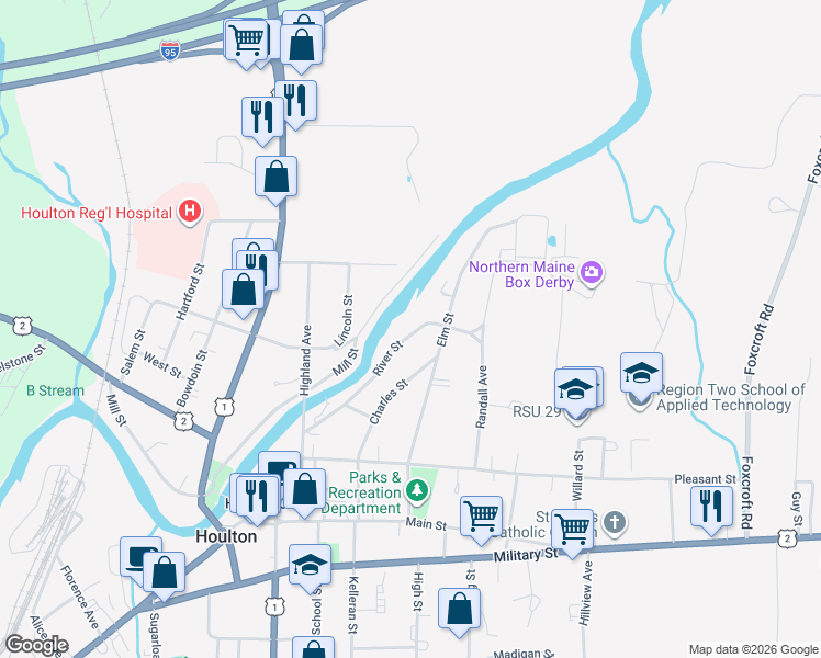 map of restaurants, bars, coffee shops, grocery stores, and more near 44 River Street in Houlton