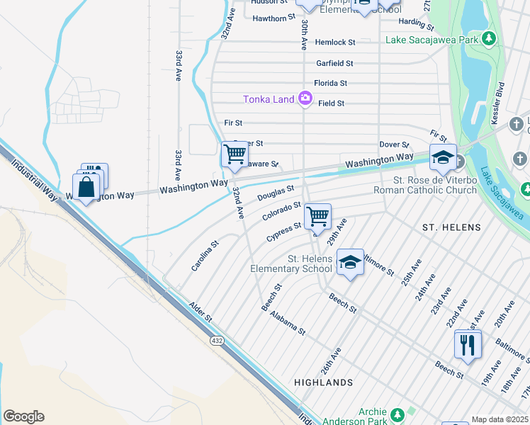 map of restaurants, bars, coffee shops, grocery stores, and more near 335 Colorado Street in Longview