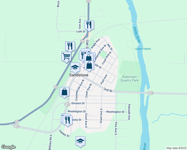 map of restaurants, bars, coffee shops, grocery stores, and more near 319 Court Avenue South in Sandstone