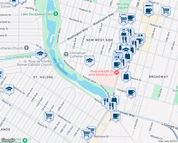 map of restaurants, bars, coffee shops, grocery stores, and more near 1902 East Kessler Boulevard in Longview
